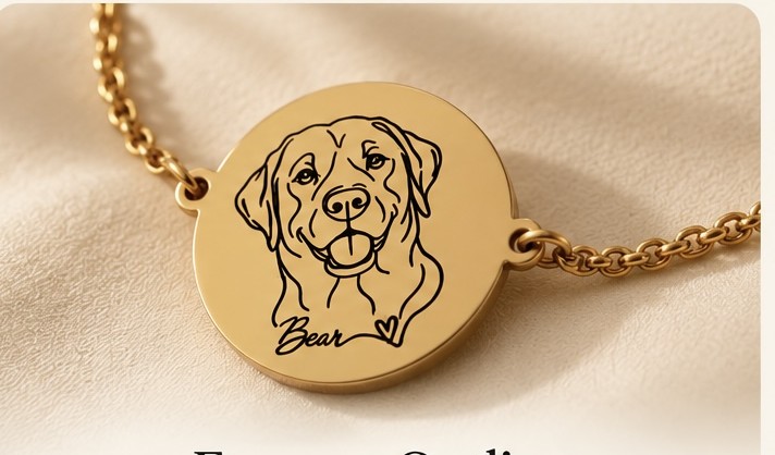 Line art engraved dog bracelet in the Furever Outline art style