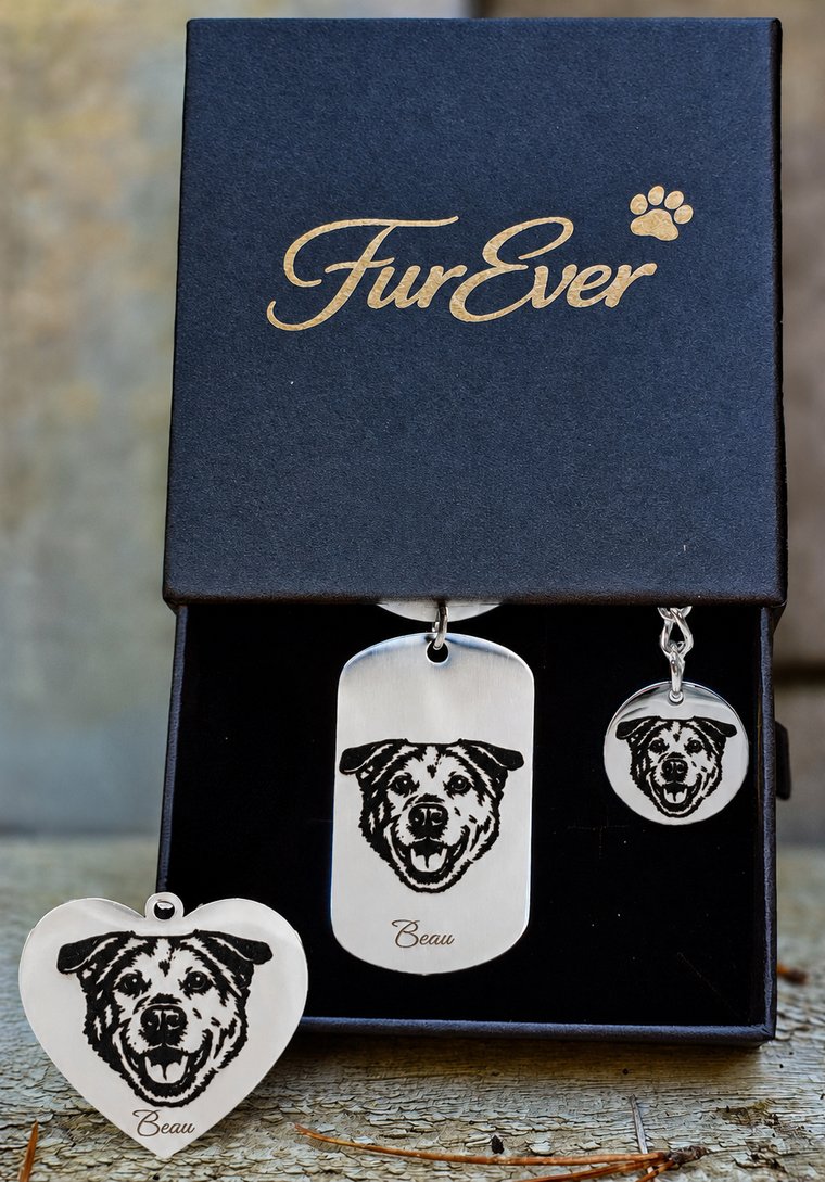 Furever family bundle gift box - heart, dog tag and circle charms engraved with your pet's portrait