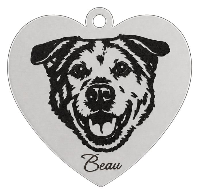 Beau - a pet portrait laser-engraved on a heart keychain