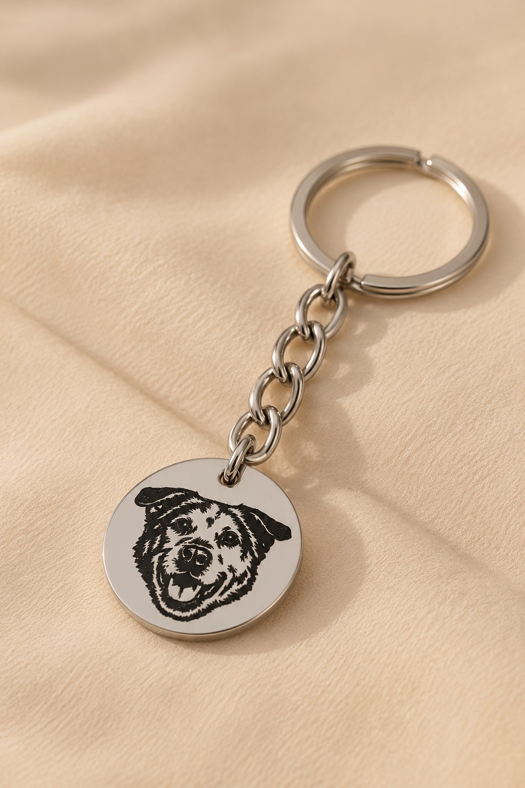 Silver circle Furever Charm keychain engraved with a dog portrait