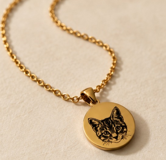 Gold round Furever Charm necklace engraved with a cat portrait
