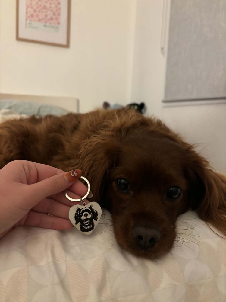 Gigi resting beside her engraved heart charm